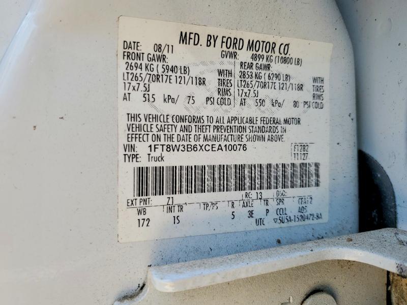 53719086 :رقم المزاد ، 1FT8W3B6XCEA10076 vin ، 2012 Ford F350 مزاد بيع