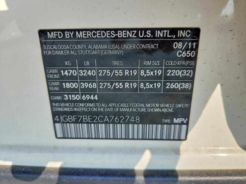 54394376 :رقم المزاد ، 4JGBF7BE2CA762748 vin ، 2012 Mercedes-benz Gl مزاد بيع