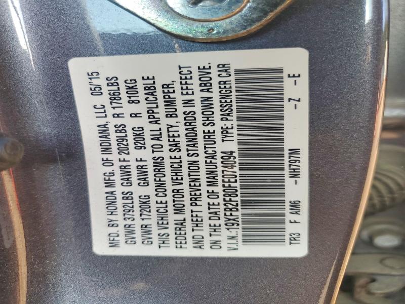 2015 Honda Civic მანქანა იყიდება აუქციონზე, vin: 19XFB2F80FE074094, აუქციონის ნომერი: 52444986