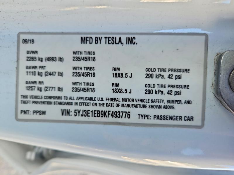 Aukcja sprzedaży 2019 Tesla Model 3, vin: 5YJ3E1EB9KF493776, numer aukcji: 53108516