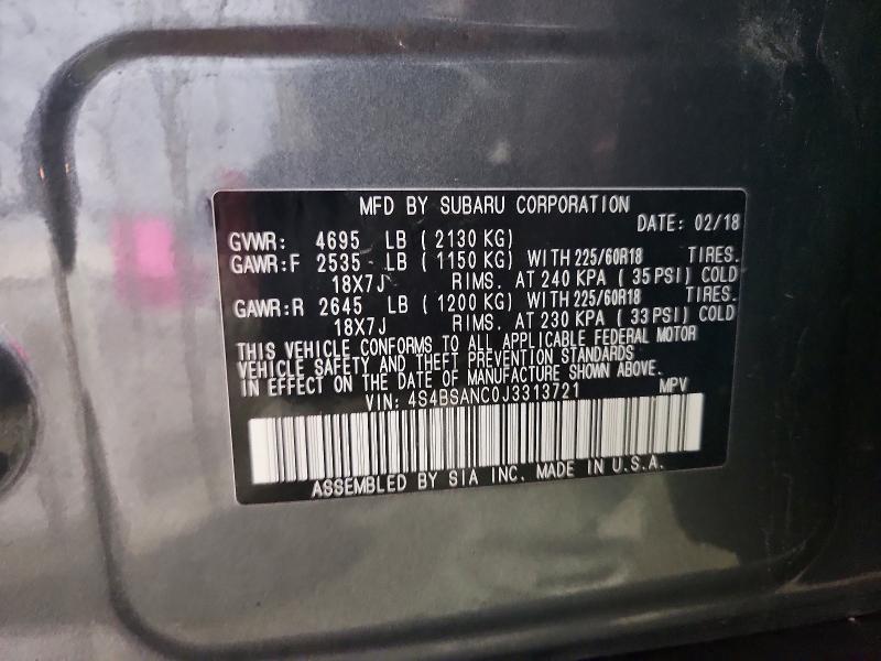 54712536 :رقم المزاد ، 4S4BSANC0J3313721 vin ، 2018 Subaru Outback مزاد بيع