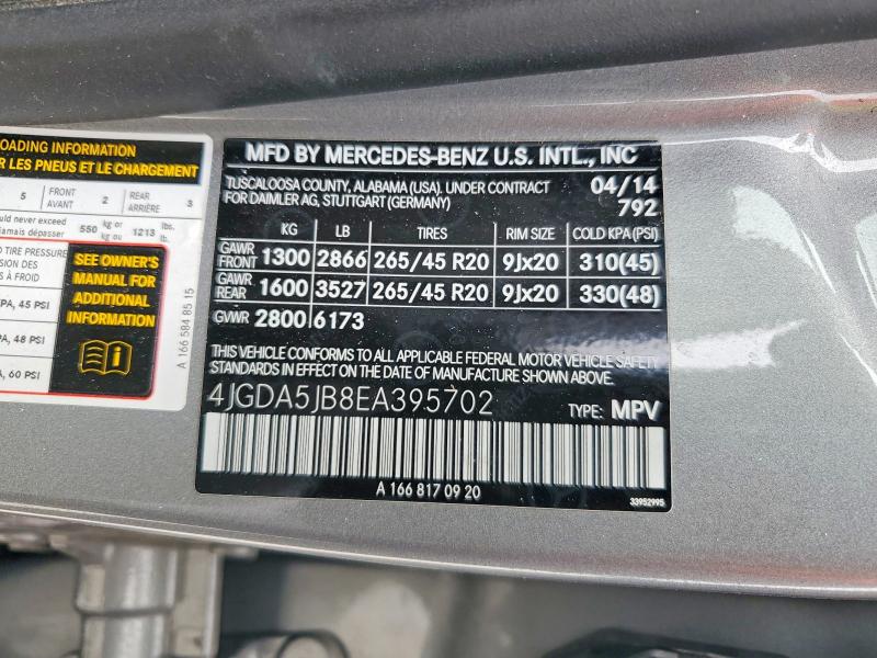 Продаж на аукціоні авто 2014 Mercedes-benz Ml, vin: 4JGDA5JB8EA395702, номер лоту: 52583146