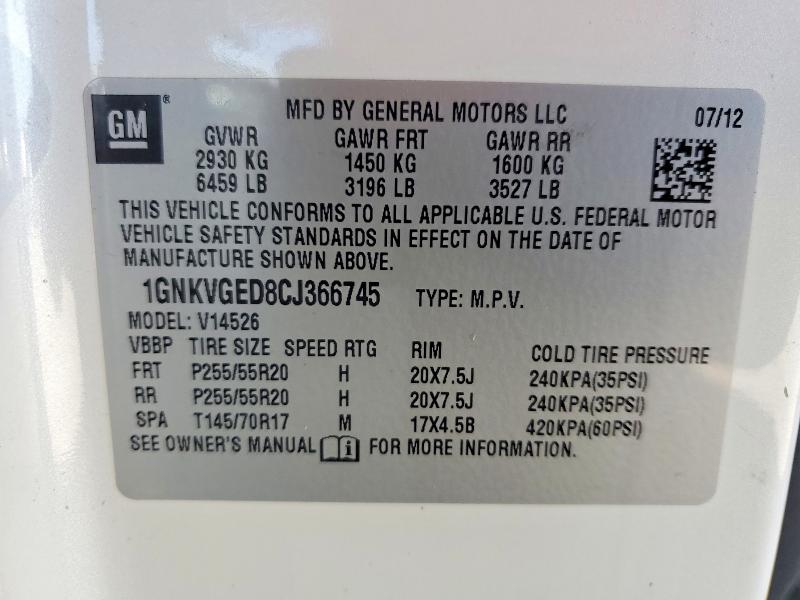 Aukcja sprzedaży 2012 Chevrolet Traverse, vin: 1GNKVGED8CJ366745, numer aukcji: 55197096