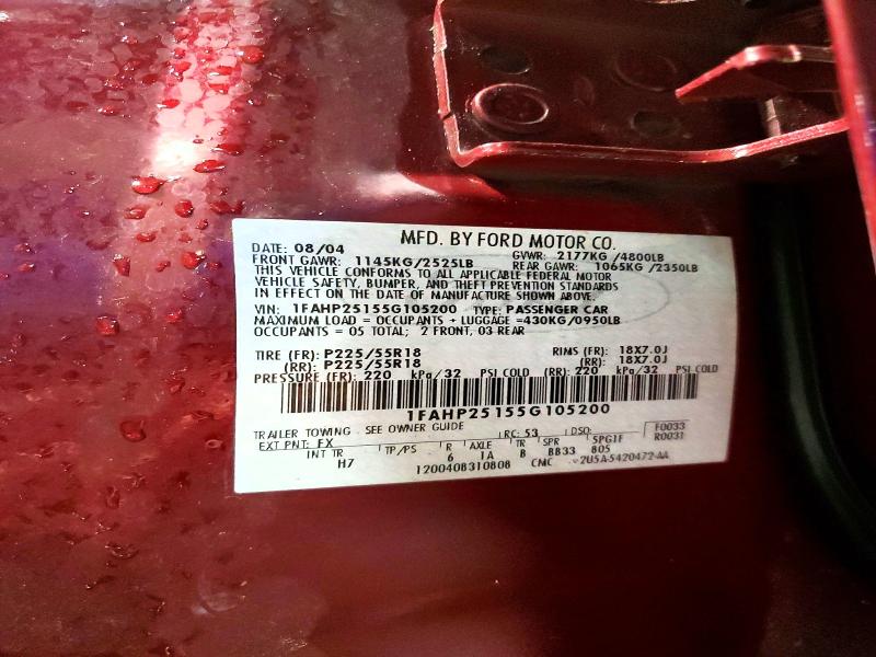 2005 Ford Five Hundred მანქანა იყიდება აუქციონზე, vin: 1FAHP25155G105200, აუქციონის ნომერი: 54277826