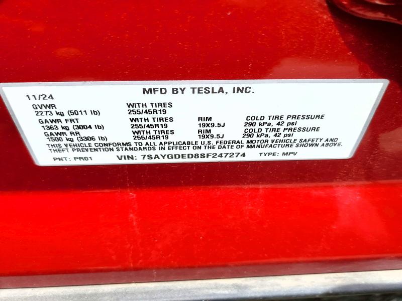 2025 Tesla Model Y მანქანა იყიდება აუქციონზე, vin: 7SAYGDED8SF247274, აუქციონის ნომერი: 55019726