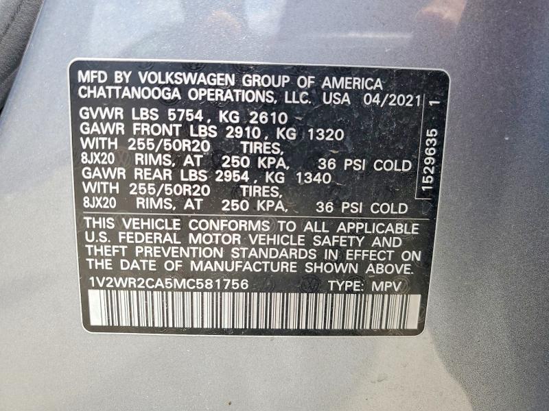 51610286 :رقم المزاد ، 1V2WR2CA5MC581756 vin ، 2021 Volkswagen Atlas مزاد بيع