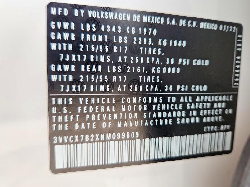Aukcja sprzedaży 2022 Volkswagen Taos, vin: 3VVCX7B2XNM099609, numer aukcji: 53385446