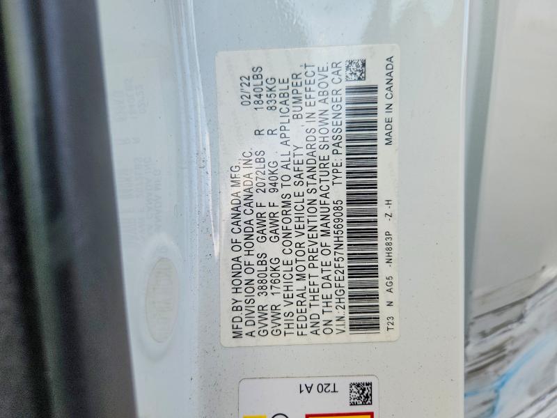 54912706 :رقم المزاد ، 2HGFE2F57NH569085 vin ، 2022 Honda Civic مزاد بيع