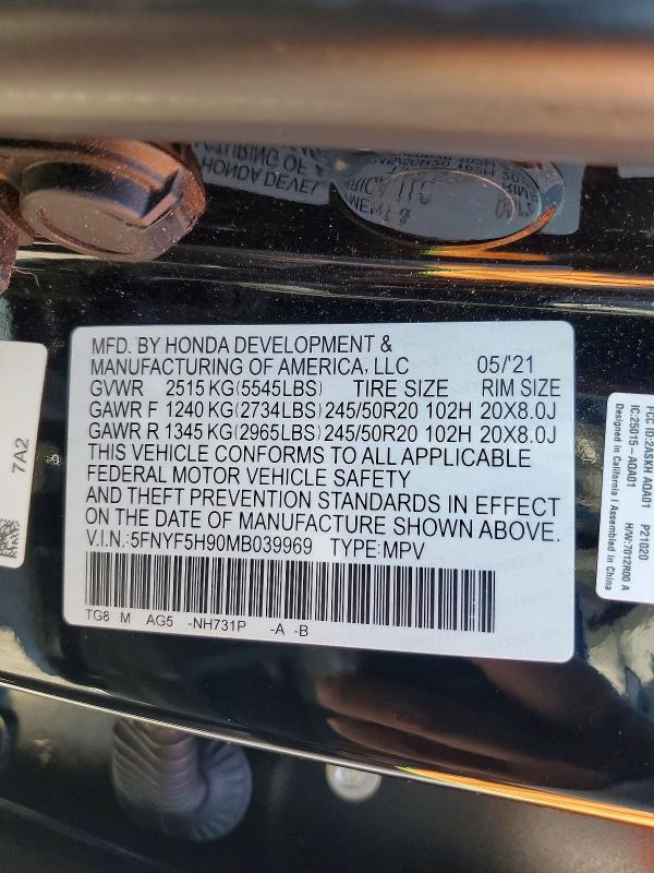 Aukcja sprzedaży 2021 Honda Pilot, vin: 5FNYF5H90MB039969, numer aukcji: 54522186