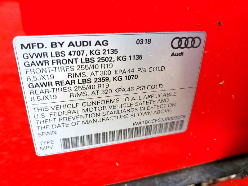 52018586 :رقم المزاد ، WA1BCCFS3JR032278 vin ، 2018 Audi Q3 مزاد بيع