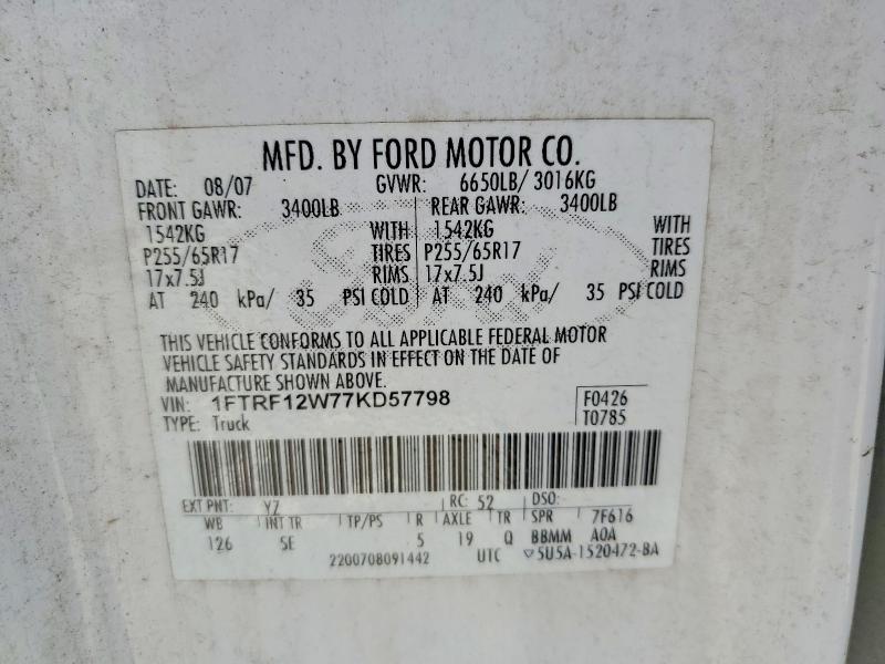 54488116 :رقم المزاد ، 1FTRF12W77KD57798 vin ، 2007 Ford F150 مزاد بيع