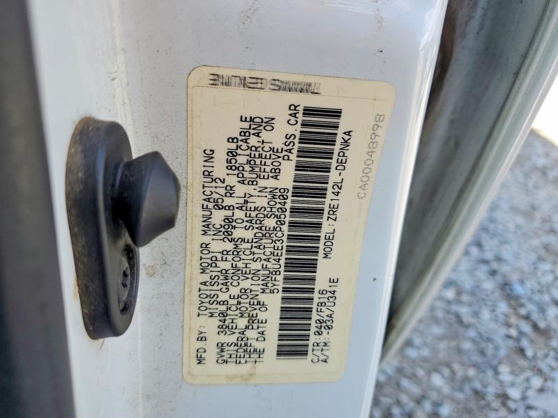 Aukcja sprzedaży 2012 Toyota Corolla, vin: 5YFBU4EE3CP050409, numer aukcji: 52512016