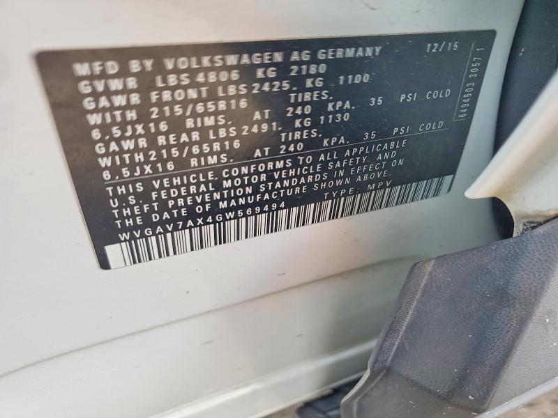Aukcja sprzedaży 2016 Volkswagen Tiguan, vin: WVGAV7AX4GW569494, numer aukcji: 52435666