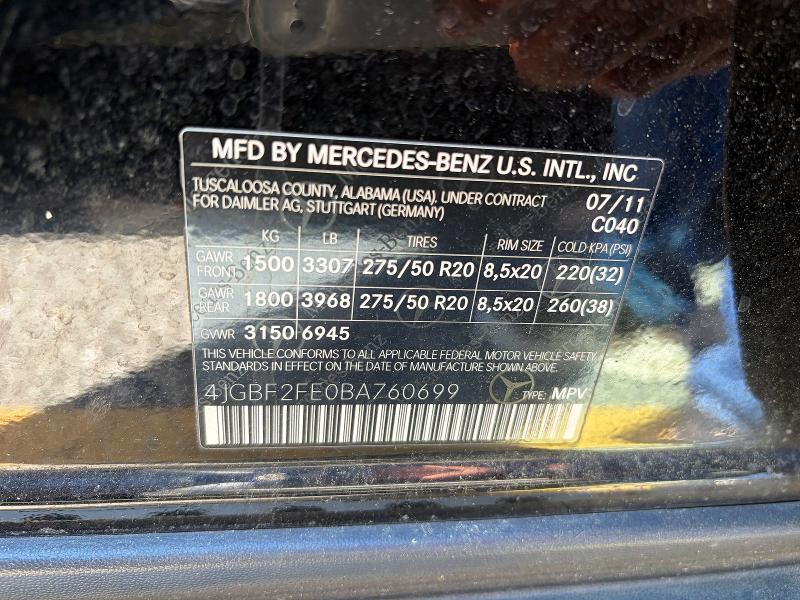 54024556 :رقم المزاد ، 4JGBF2FE0BA760699 vin ، 2011 Mercedes-benz Gl مزاد بيع