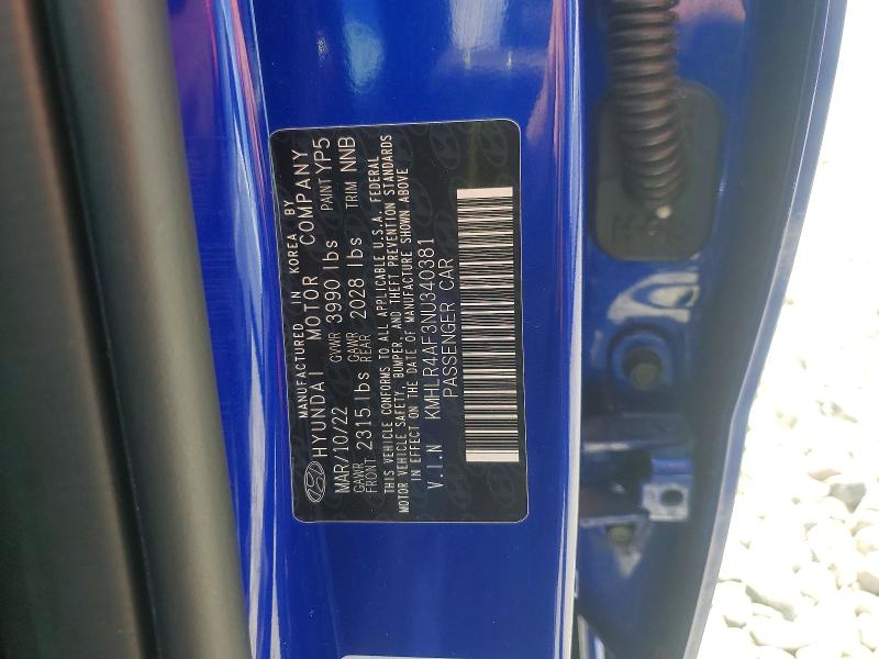 2022 Hyundai Elantra მანქანა იყიდება აუქციონზე, vin: KMHLR4AF3NU340381, აუქციონის ნომერი: 53540866
