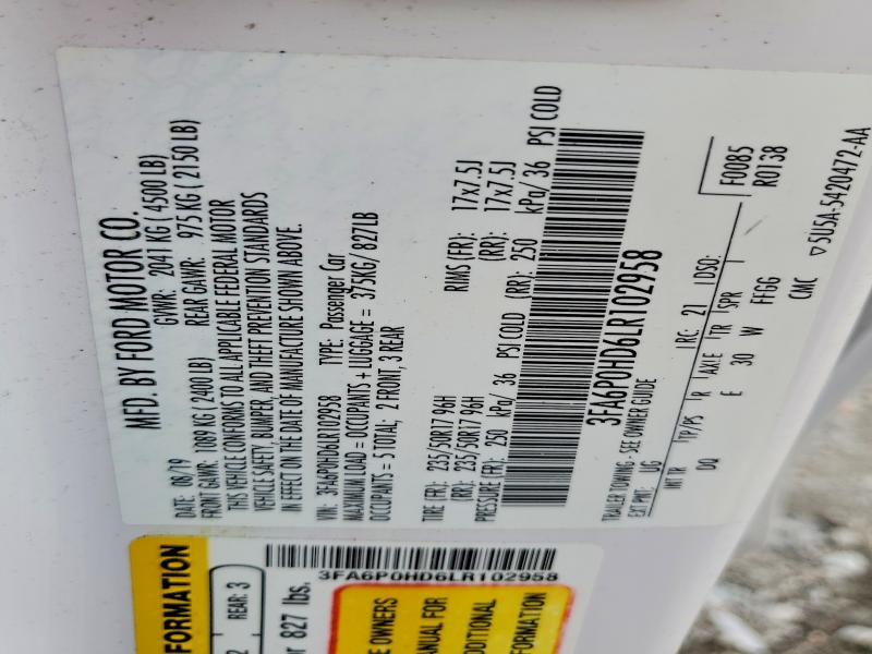 2020 Ford Fusion მანქანა იყიდება აუქციონზე, vin: 3FA6P0HD6LR102958, აუქციონის ნომერი: 54671386