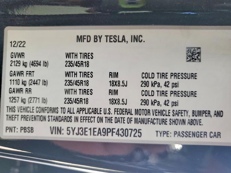 2023 Tesla Model 3 მანქანა იყიდება აუქციონზე, vin: 5YJ3E1EA9PF430725, აუქციონის ნომერი: 54872316