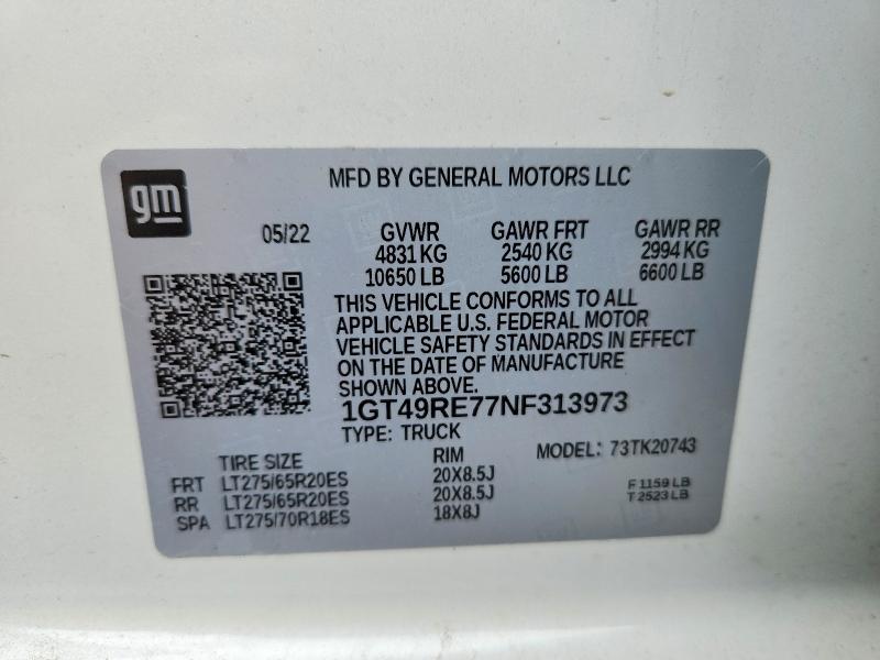 53508376 :رقم المزاد ، 1GT49RE77NF313973 vin ، 2022 Gmc Sierra مزاد بيع