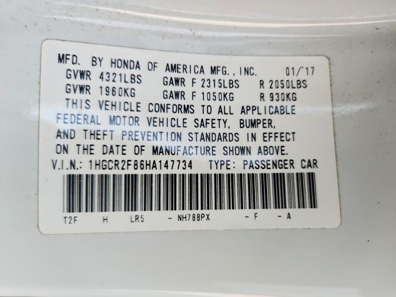 2017 Honda Accord მანქანა იყიდება აუქციონზე, vin: 1HGCR2F86HA147734, აუქციონის ნომერი: 54871896