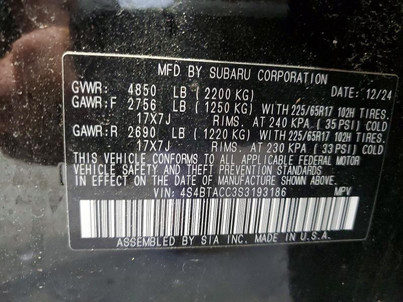 53590476 :رقم المزاد ، 4S4BTACC3S3193186 vin ، 2025 Subaru Outback مزاد بيع