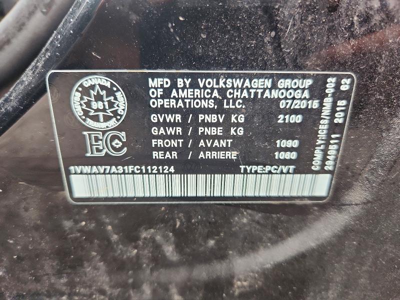 2015 Volkswagen Passat მანქანა იყიდება აუქციონზე, vin: 1VWAV7A31FC112124, აუქციონის ნომერი: 52516406
