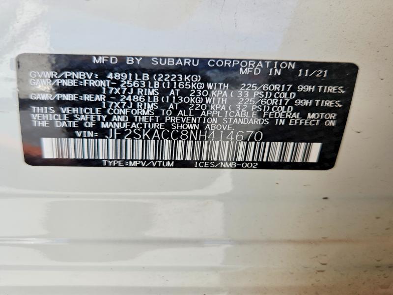 Aukcja sprzedaży 2022 Subaru Forester, vin: JF2SKACC8NH414670, numer aukcji: 55503246