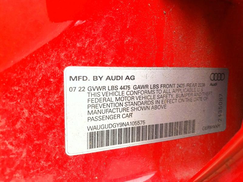 2022 Audi A3 მანქანა იყიდება აუქციონზე, vin: WAUGUDGY9NA105575, აუქციონის ნომერი: 54606386