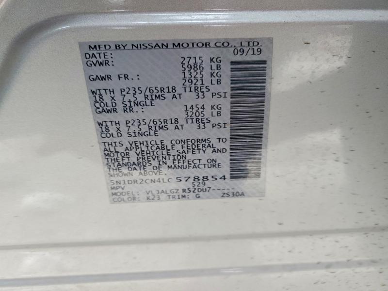 Продаж на аукціоні авто 2020 Nissan Pathfinder, vin: 5N1DR2CN4LC578854, номер лоту: 54022446