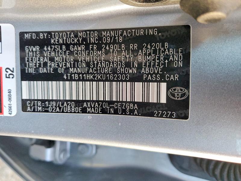 55051656 :رقم المزاد ، 4T1B11HK2KU162303 vin ، 2019 Toyota Camry مزاد بيع
