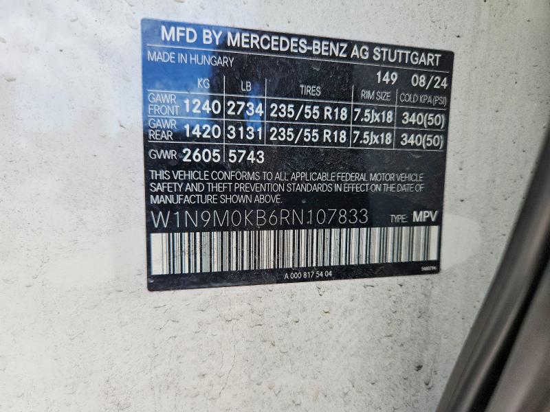 Продажа на аукционе авто 2024 Mercedes-benz Eqb, vin: W1N9M0KB6RN107833, номер лота: 54301296