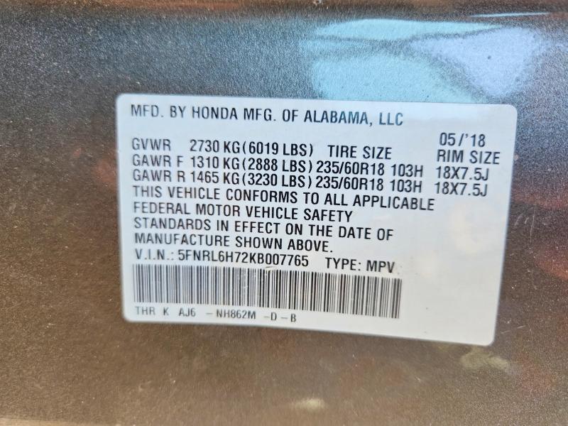 Aukcja sprzedaży 2019 Honda Odyssey, vin: 5FNRL6H72KB007765, numer aukcji: 55062516