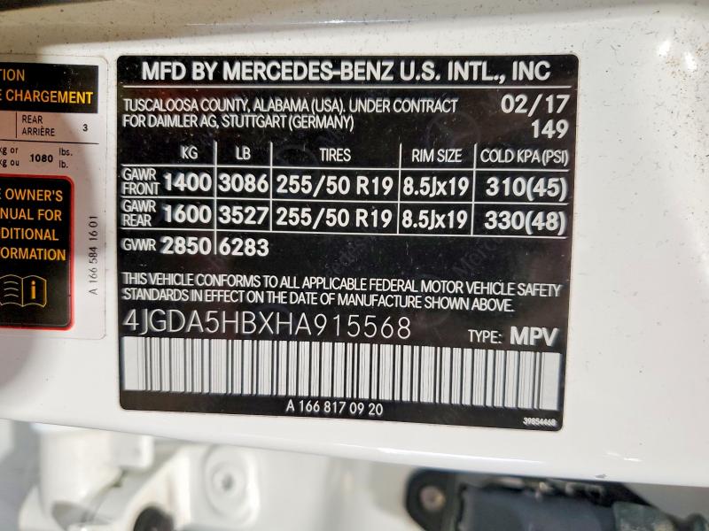 52672046 :رقم المزاد ، 4JGDA5HBXHA915568 vin ، 2017 Mercedes-benz Gle مزاد بيع