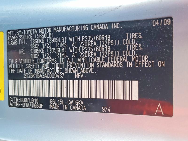 Auction sale of the 2010 Lexus Rx, vin: 2T2BK1BA3AC009437, lot number: 55019446