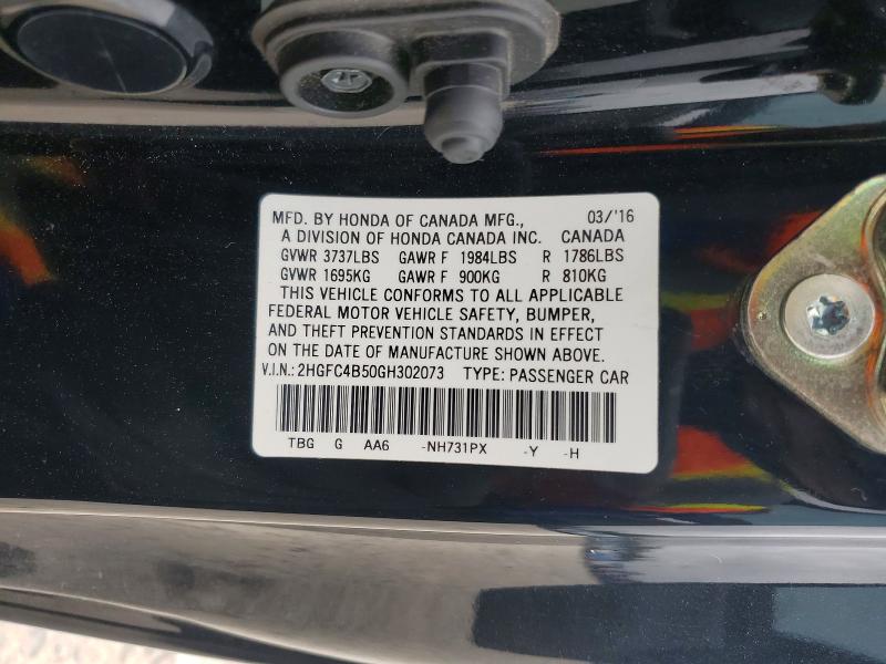 Продаж на аукціоні авто 2016 Honda Civic, vin: 2HGFC4B50GH302073, номер лоту: 52536386