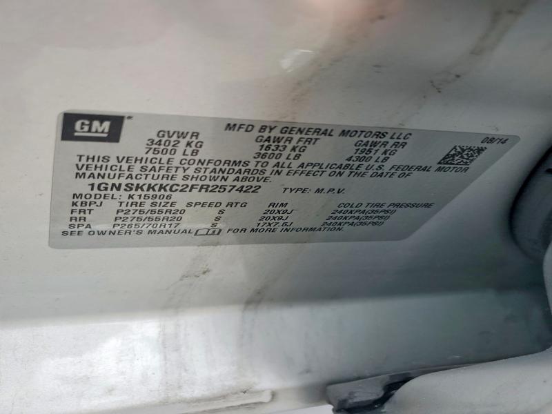 2015 Chevrolet Suburban მანქანა იყიდება აუქციონზე, vin: 1GNSKKKC2FR257422, აუქციონის ნომერი: 53765326