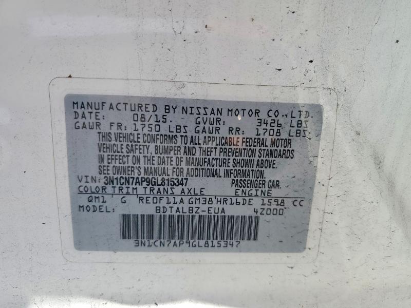 52963166 :رقم المزاد ، 3N1CN7AP9GL815347 vin ، 2016 Nissan Versa مزاد بيع