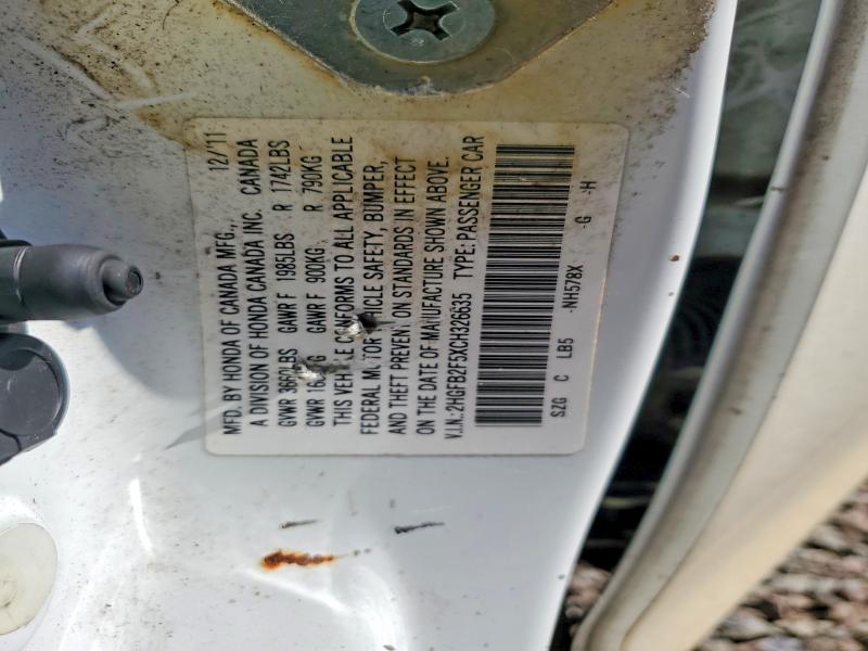 2012 Honda Civic მანქანა იყიდება აუქციონზე, vin: 2HGFB2F5XCH326635, აუქციონის ნომერი: 54881036