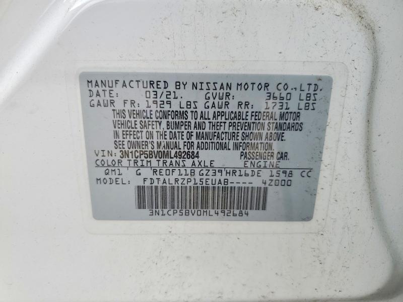 2021 Nissan Kicks მანქანა იყიდება აუქციონზე, vin: 3N1CP5BV0ML492684, აუქციონის ნომერი: 53614336