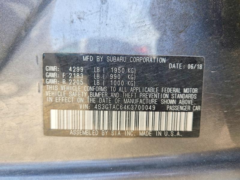 53408706 :رقم المزاد ، 4S3GTAC64K3700049 vin ، 2019 Subaru Impreza مزاد بيع
