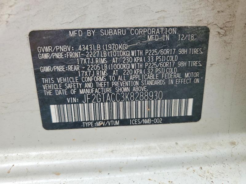 Aukcja sprzedaży 2019 Subaru Crosstrek, vin: JF2GTACC3K8288930, numer aukcji: 52810166