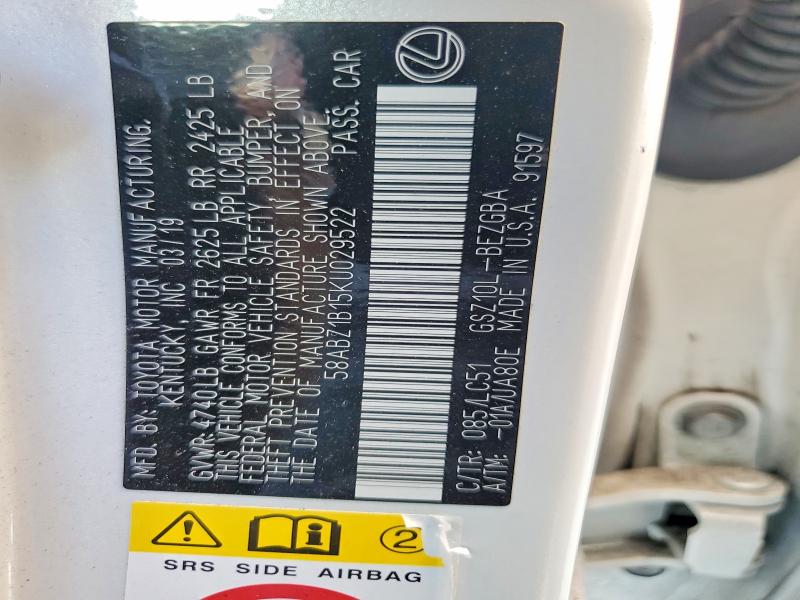 52378256 :رقم المزاد ، 58ABZ1B15KU029522 vin ، 2019 Lexus Es مزاد بيع