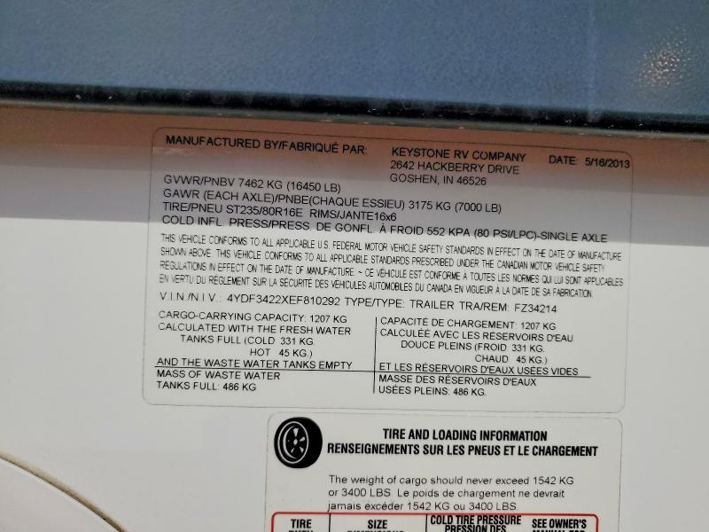 Продаж на аукціоні авто 2014 Keystone Fuzion, vin: 4YDF3422XEF810292, номер лоту: 53443536