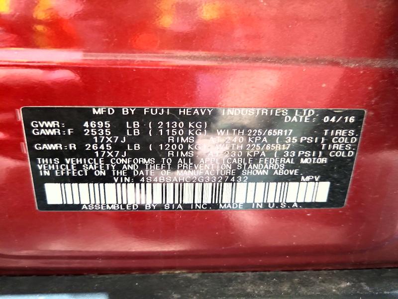 54333906 :رقم المزاد ، 4S4BSAHC2G3327432 vin ، 2016 Subaru Outback مزاد بيع