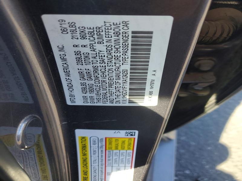 54525596 :رقم المزاد ، 1HGCV1F11KA124250 vin ، 2019 Honda Accord مزاد بيع