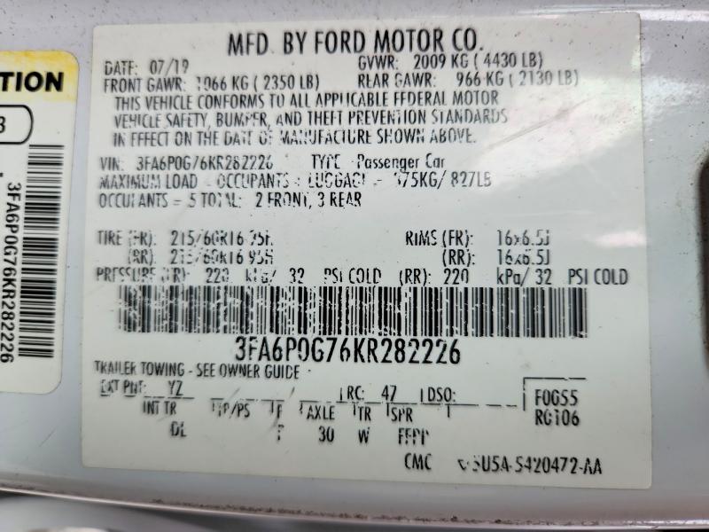 Aukcja sprzedaży 2019 Ford Fusion, vin: 3FA6P0G76KR282226, numer aukcji: 53217336