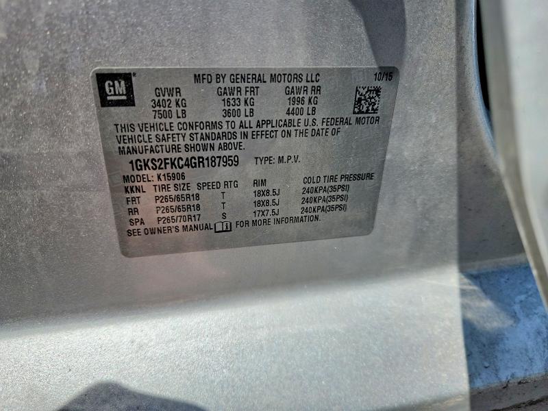 52329456 :رقم المزاد ، 1GKS2FKC4GR187959 vin ، 2016 Gmc Yukon Xl مزاد بيع