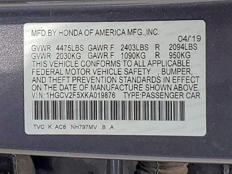 2019 Honda Accord მანქანა იყიდება აუქციონზე, vin: 1HGCV2F5XKA019876, აუქციონის ნომერი: 55081146