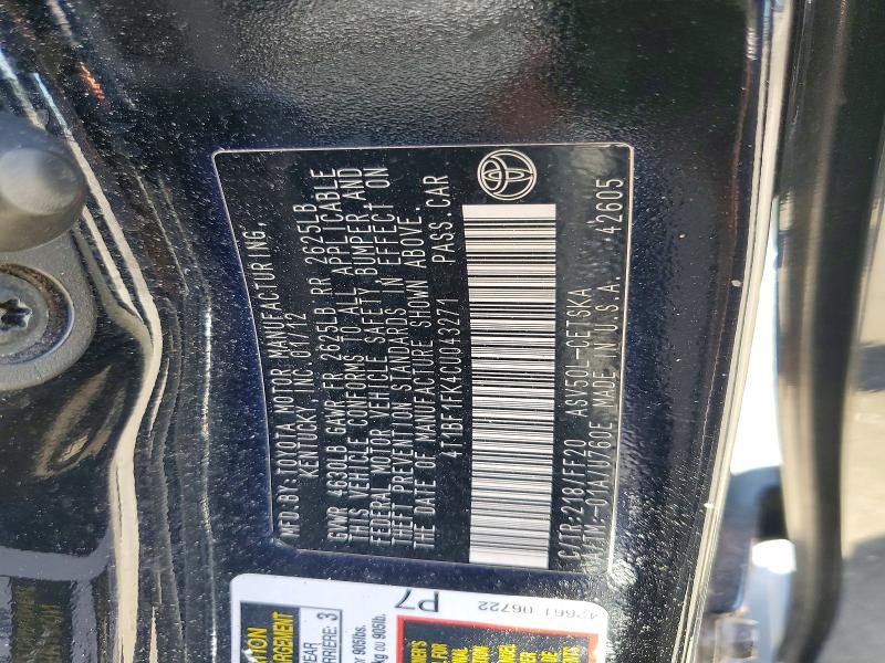 Продажа на аукционе авто 2012 Toyota Camry, vin: 4T1BF1FK4CU043271, номер лота: 55430436