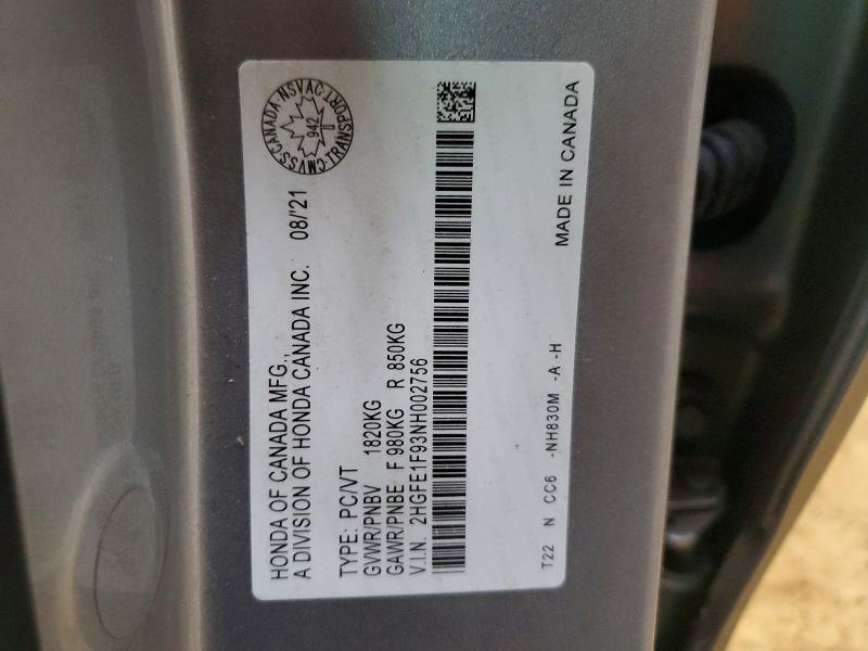 Продаж на аукціоні авто 2022 Honda Civic, vin: 2HGFE1F93NH002756, номер лоту: 51174706