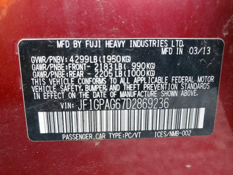2013 Subaru Impreza მანქანა იყიდება აუქციონზე, vin: JF1GPAG67D2869236, აუქციონის ნომერი: 54702246
